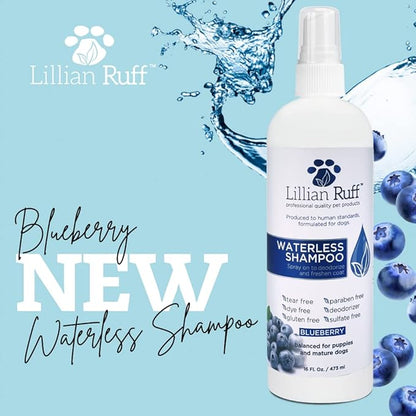 Lillian Ruff PRO Formula Berry Blue Brightening Dog Shampoo + Blueberry Waterless Dog Shampoo - Professional Whitening, Tear Stain Remover &amp; No-Rinse Hydrating Odor Control, Aloe+Coconut Oil, USA Made