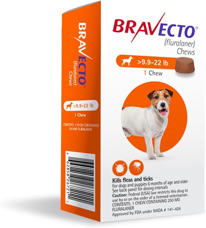 BRAVECTO Chew for Dogs, Flea &amp; Tick, 1 Chew, 12 Week Supply, 9.9-22 lbs., Orange Box