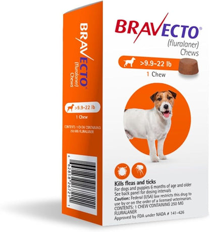 BRAVECTO Chew for Dogs, Flea &amp; Tick, 1 Chew, 12 Week Supply, 9.9-22 lbs., Orange Box