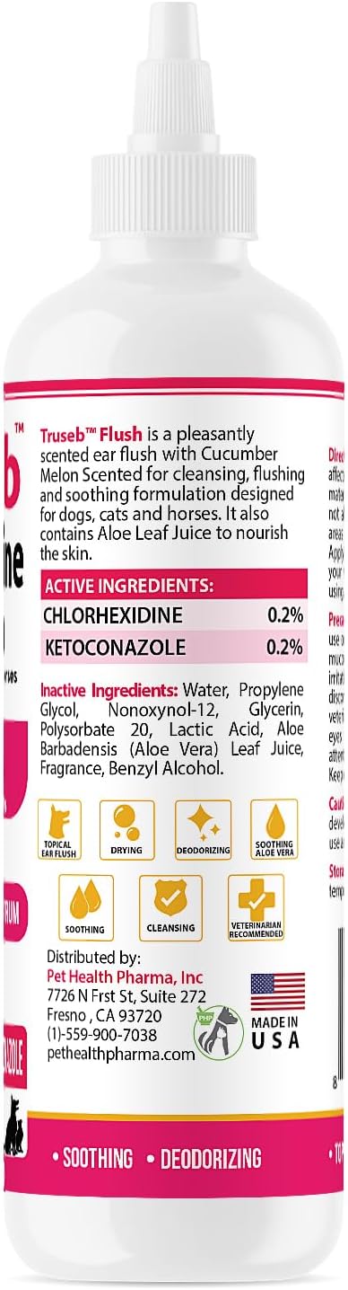 Truseb Advanced Topical Dog Ear Wash with Ketoconazole &amp; Chlorhexidine Ear Flush Dog, Cats and Horses, with Aloe - 12 oz Made in U.S.A (Ketoconazole &amp; Chlorhexidine Ear Flush, 12 oz)