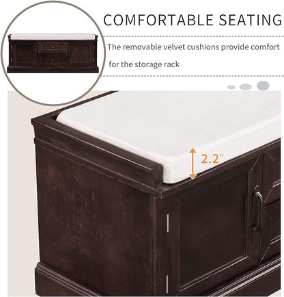 Storage Bench with 2 Drawers and 2 Cabinets, Pine Wood Pine Wood Shoe Bench with Removable Cushion for Living Room, Entryway 42.5" L x 15.9" W x 17.5" H (Espresso)