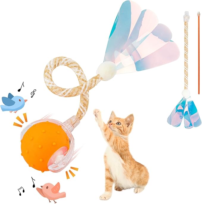 Interactive Cat Toys Ball for Indoor Cats, Automatic Agile Rolling Cat Ball with Elastic Mesh Tail, Bird Chirping &amp; Motion Activated, 2 Tail Accessories, Kitten Toy for Bored (Orange)