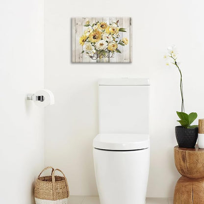 Sunflower Bathroom Pictures Wall Art, Simple Blessed Floral Bathroom Wall Decor, Flower Framed Painting Canvas Artwork for Bedroom Living Room Decorations 20"L x 16"W