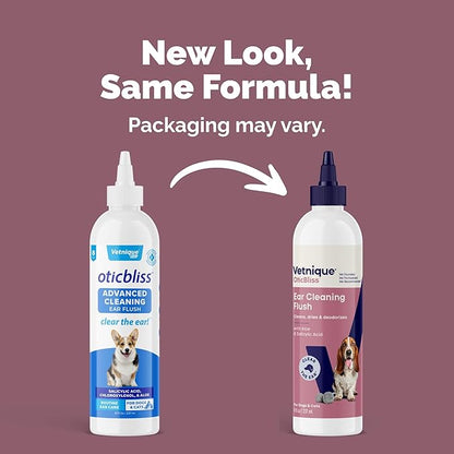Vetnique Oticbliss Cat &amp; Dog Ear Cleaners: Medicated Dog Ear Drops for Infection, Antiseptic Flush, &amp; Wipes to Reduce Itchy Ears &amp; Head Shaking - Vet Recommended for Itchy Ears (8oz, Flush)