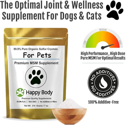 HAPPY BODY Pure MSM Joint Supplement for Dogs, Cats, &amp; Horses – 100% Additive-Free – High Performance, Supports Senior Pets Wellness, Healthy Joints, Mobility, Aches, &amp; Fatigue 7oz - 2 Packs