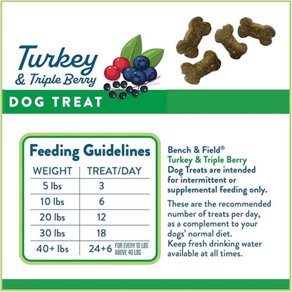 Bench &amp; Field Holistic Natural Turkey &amp; Triple Berry Dog Treats | Crunchy Bone-Shaped Bites | Antioxidant Blend, 10-Ounce Bottle