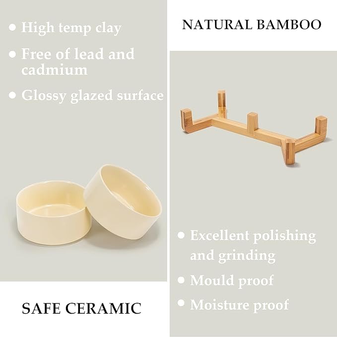 SPUNKYJUNKY Ceramic Dog and Cat Bowl Set with Wooden Stand, Modern Cute Weighted Food Water Set for Small Size Dogs (13.5OZ) &amp; Medium Sized Dogs (28.7OZ) &amp; Cats (3.6 Cups, 2 × Beige)