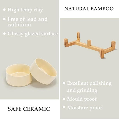 SPUNKYJUNKY Ceramic Dog and Cat Bowl Set with Wooden Stand, Modern Cute Weighted Food Water Set for Small Size Dogs (13.5OZ) &amp; Medium Sized Dogs (28.7OZ) &amp; Cats (3.6 Cups, 2 × Beige)