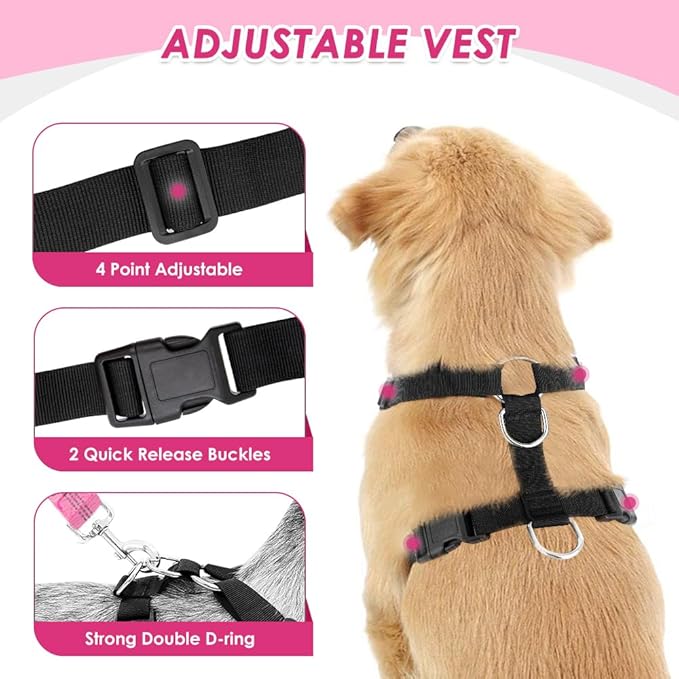 Lukovee Dog Seat Belt for Car, Adjustable Dog Car Harness for Large Medium Small Dogs, Soft Padded &amp; Breathable Mesh Dog Seatbelt with Car Strap and Carabiner(Pink Double Clip,Medium)