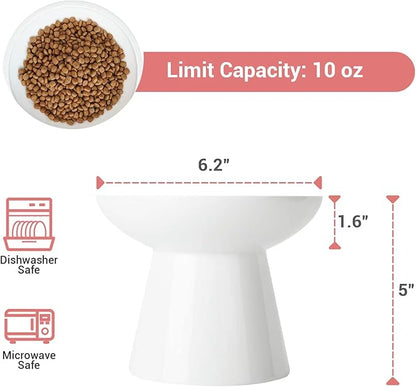 Extra Wide Elevated Ceramic Cat Bowl - 6.2" Shallow Dish for Whisker Fatigue Relief, 5" Height for Easy Feeding, Lead &amp; Cadmium Free, Durable Raised Cat Food Bowls, White