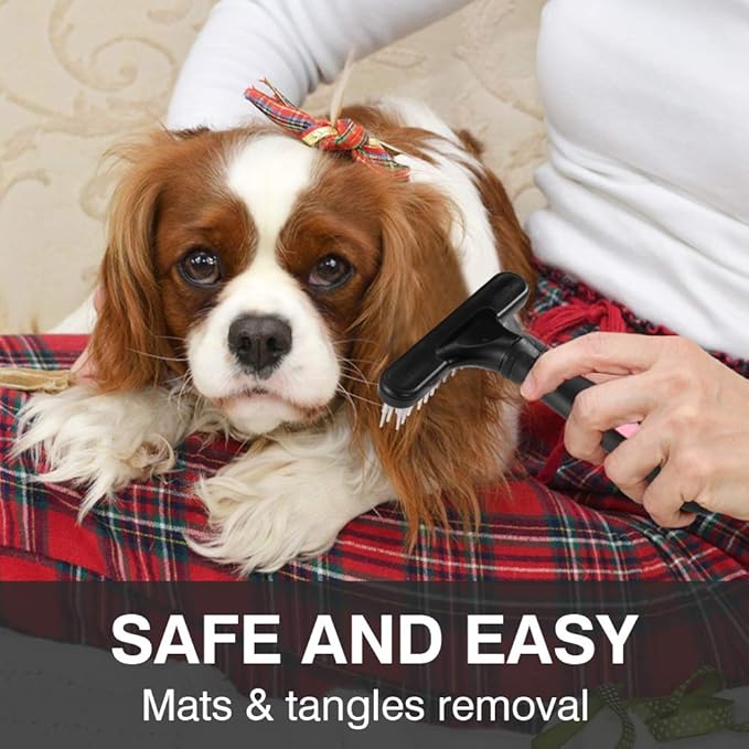 Pet Grooming Rake - Double Row Pins Shedding and Dematting Undercoat Rake Comb for Dogs, Cats, Matted, Short, Long Hair Coats - Safe Grooming &amp; Deshedding Brush - Comb Out Mats &amp; Tangles Easily