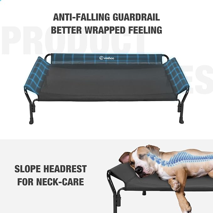 Veehoo Cooling Elevated Dog Bed, Raised Pet Cot with Guardrail &amp; Slope Headrest, Durable Breathable Teslin Mesh, Non-Slip Feet, Washable Dog Couch Bed for Indoor &amp; Outdoor, Medium 39.5" x 28", Black