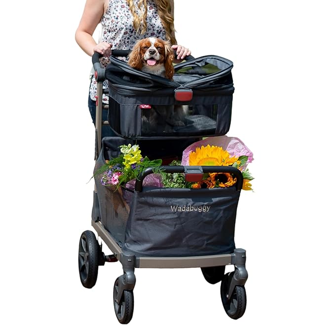 Pet Foldable Cart - Luxury Cat &amp; Dog Stroller with Extra Large Shopping Basket, Cup Holders, &amp; Ventilated Canopy - Easy Fold Pet Stroller for Cats &amp; Dogs