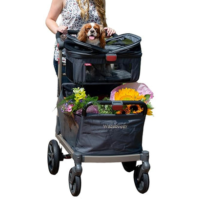 Pet Foldable Cart - Luxury Cat &amp; Dog Stroller with Extra Large Shopping Basket, Cup Holders, &amp; Ventilated Canopy - Easy Fold Pet Stroller for Cats &amp; Dogs