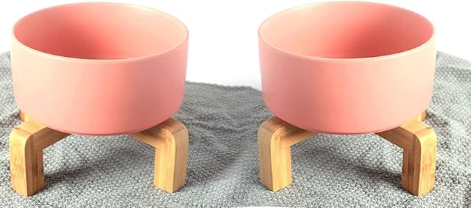 Petygooing Dog Cat Bowl Ceramic Pink Pet Dish with Stand for Food and Water, Modern Cute Matte Glaze Weighted Pet Bowls Set for Cats &amp; Small Size Dogs 13.5 OZ (5.1In / 1.7 Cups) Pink