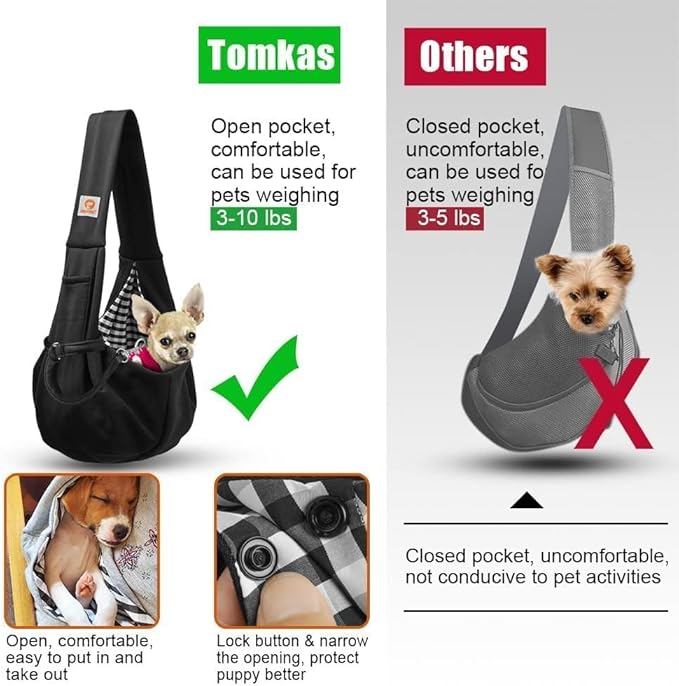 Tomkas Small Dog Sling Carrier - Classic Pocket &amp; Classic Strap - for 3-10 lbs Pets(Black)