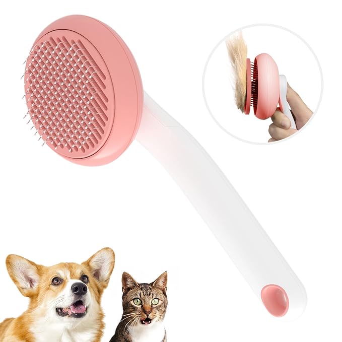 Slicker Brush for Cats &amp; Dogs, Pet Grooming Self Cleaning Brush for Shedding, Cat Deshedding Brush Easily Removes Tangles Hair and Loose Undercoat, Pink