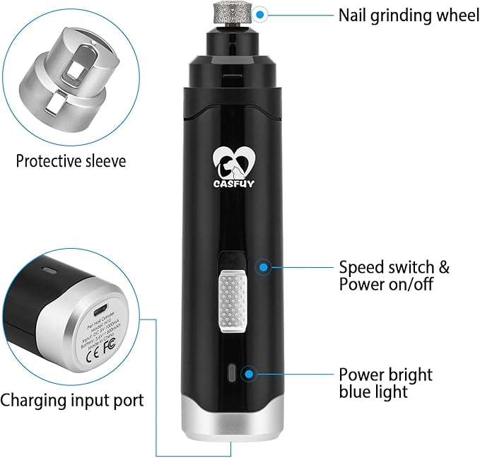 Casfuy Dog Nail Grinder Upgraded - Professional 2-Speed Electric Rechargeable Pet Nail Trimmer Painless Paws Grooming &amp; Smoothing for Small Medium Large Dogs &amp; Cats (Black)