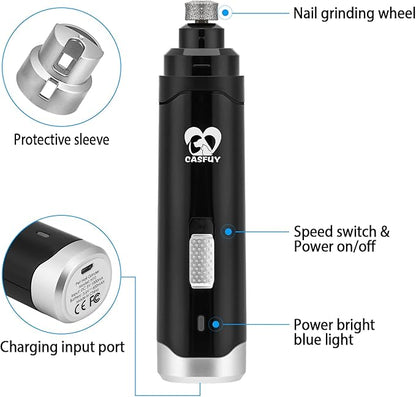 Casfuy Dog Nail Grinder Upgraded - Professional 2-Speed Electric Rechargeable Pet Nail Trimmer Painless Paws Grooming &amp; Smoothing for Small Medium Large Dogs &amp; Cats (Black)