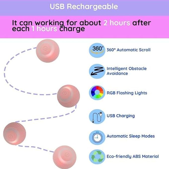 Power Ball 2.0 Interactive Cat Toy, Smart Automatic Rolling Ball for Indoor Cats, USB Charging (Pink &amp; Blue)