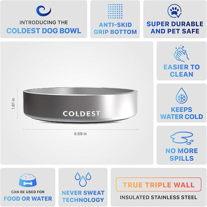 Coldest Dog Bowl - Anti Rust Metal, Non Slip, 3 Layers Insulated Stainless Steel Dog Bowls - Spill Proof &amp; Heavy Duty - Water Bowl for Dogs, Cats, Dish Washer Safe (21 oz, Polished Stainless Steel)