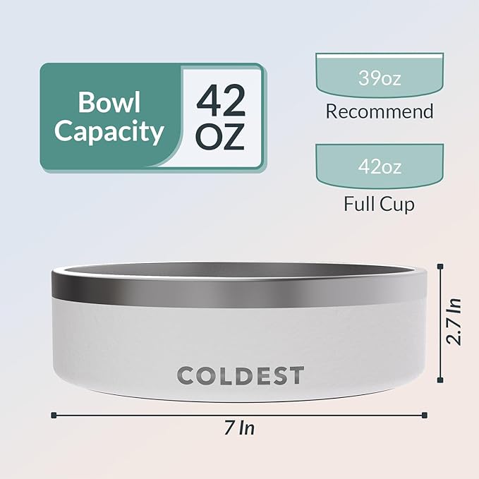 Coldest Dog Bowl - Anti Rust Metal, Non Slip, 3 Layers Insulated Stainless Steel Dog Bowls - Spill Proof &amp; Heavy Duty - Water Bowl for Dogs, Cats &amp; Pets, Dish Washer Safe (42 oz, Epic White)