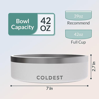 Coldest Dog Bowl - Anti Rust Metal, Non Slip, 3 Layers Insulated Stainless Steel Dog Bowls - Spill Proof &amp; Heavy Duty - Water Bowl for Dogs, Cats &amp; Pets, Dish Washer Safe (42 oz, Epic White)