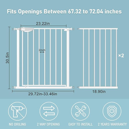 WAOWAO Triple Lock Baby Gate Extra Wide 67.32-72.04" Pressure Mounted Walk Through Swing Auto Close Safety White Metal Dog Pet Puppy Cat for Stairs,Doorways,Kitchen