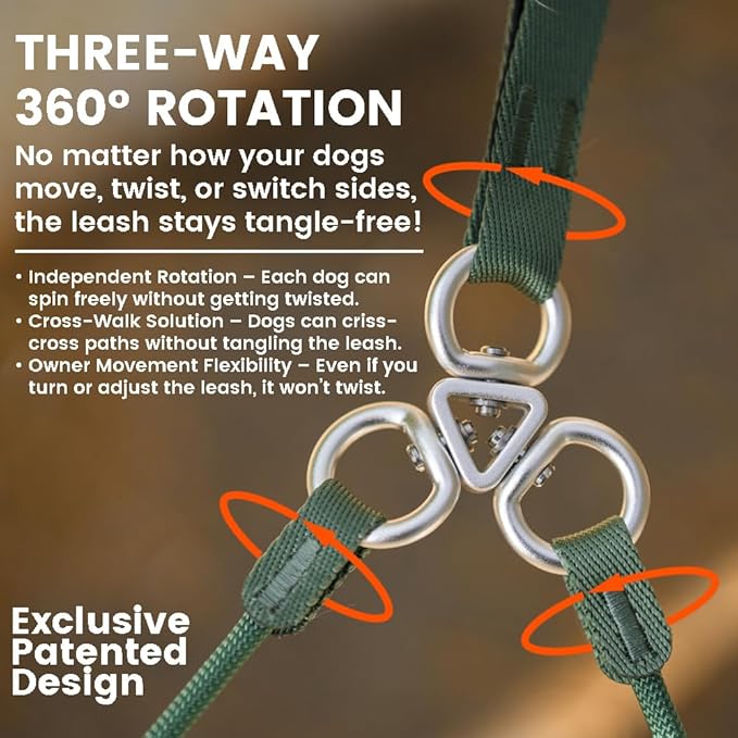 Howgo Double Slip Leash Slip Lead with Two Handles| Dual Dog Slip Lead for 2 Dogs,360° Swivel No Tangle | Dog Training Collar | Double Clip Leash Coupler and Splitter (Red, 6FT)
