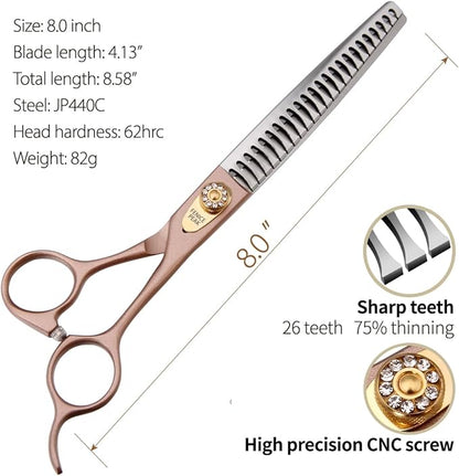 Fenice Peak Thinning Shears for Dogs and Cats Rose Gold Pet Grooming Scissors Chunkers Shears 440C Stainless Steel Professional Dog Trimming Scissors 8&
