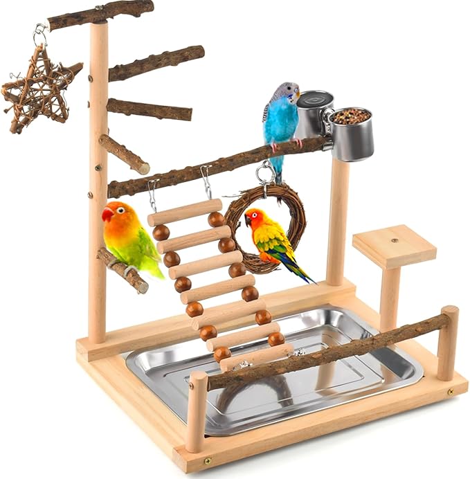 KATUMO Bird Playground - Natural Wooden Perches Parakeet Ladder Conure Swing Bird Cage Accessories with Removable Tray &amp; 2 Stainless Steel Cups