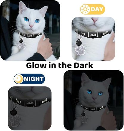 Personalized Breakaway Cat Collars Glow-in-The-Dark with ID Tag, Bell - Safety Quick - Release, Customizable for Female Male Kittens &amp; Cats (Black)