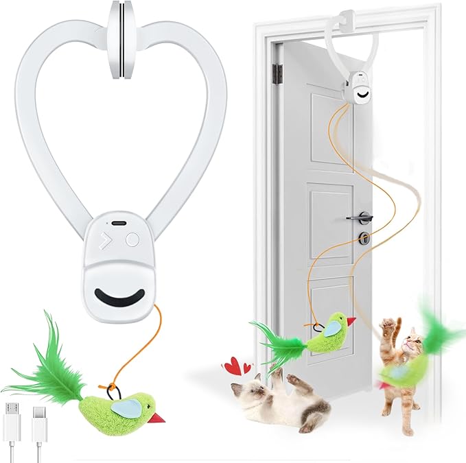 Interactive Cat Toys for Indoor Cats Automatic Electric Flying Bird Feather Wand Toy - Best Kitten &amp; Adult Cat Enrichment Stimulation Toy Hanging Electric Kitty Toys for Bored Cats（White）