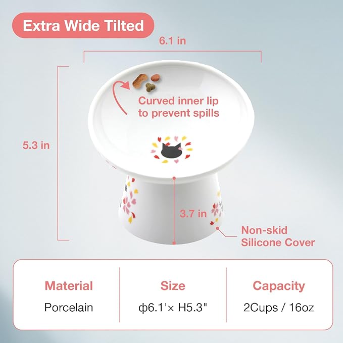 Necoichi Extra Wide Raised Cat Food Bowl, Elevated Cat Bowls to Prevent Neck &amp; Whisker Fatigue, Dishwasher and Microwave Safe, No.1 Seller in Japan! (Sakura Limited Edition, Extra Wide Tilted)