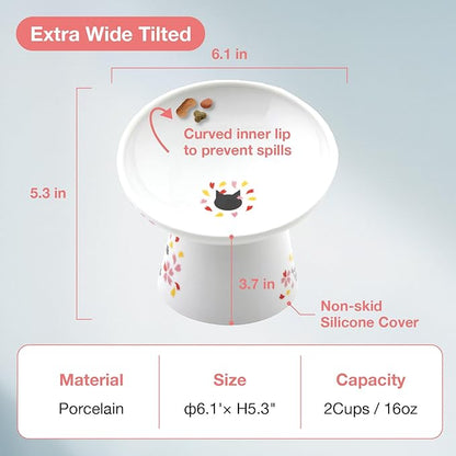 Necoichi Extra Wide Raised Cat Food Bowl, Elevated Cat Bowls to Prevent Neck &amp; Whisker Fatigue, Dishwasher and Microwave Safe, No.1 Seller in Japan! (Sakura Limited Edition, Extra Wide Tilted)