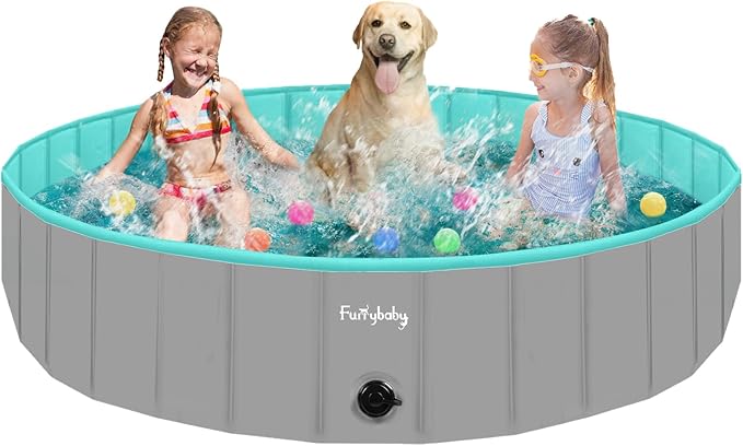 Furrybaby Dog Pool Foldable Dog Pools for Large Dogs with Hard Plate Collapsible Pet Bath Pool Kiddie Grey 63&