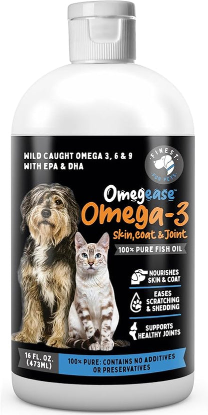 Omegease Fish Oil for Dogs &amp; Cats - Finest for Pets Omega 3 for Cats &amp; Dogs - Supplement for Skin &amp; Coat, Itching, Shedding, Joints &amp; Immune Health - 100% Pure Omega Fish Oil with EPA &amp; DHA (16 oz)