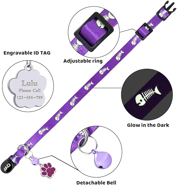 Personalized Breakaway Cat Collars Glow-in-The-Dark with ID Tag, Bell - Safety Quick - Release, Customizable for Female Male Kittens &amp; Cats (Purple)