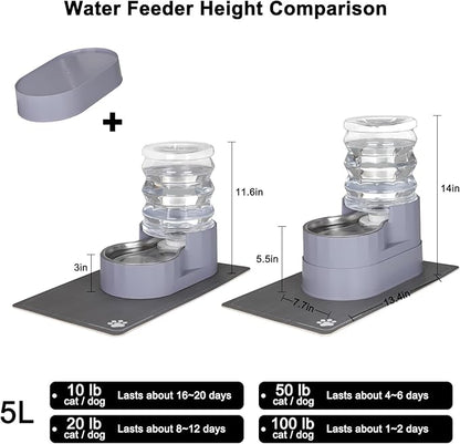 Sfozstra Automatic Gravity Water Dispenser: 5L Gray Stainless Steel Pet Bowl Waterer with Waterproof Pad - Raised Edge Water Feeder for Cats &amp; Small Dogs Indoor/Outdoor