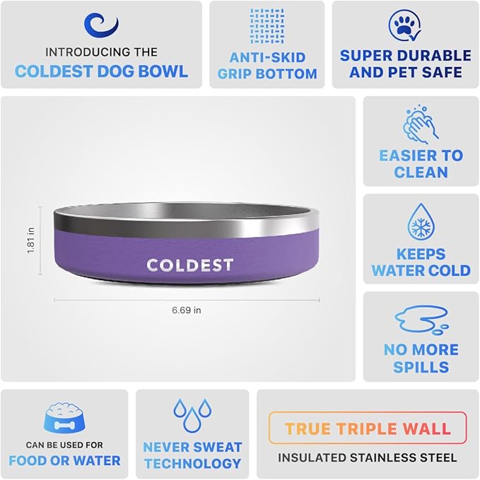 Coldest Dog Bowl - Anti Rust Metal, Non Slip, 3 Layers Insulated Stainless Steel Dog Bowls - Spill Proof &amp; Heavy Duty - Water Bowl for Dogs, Cats &amp; Pets, Dish Washer Safe (21 oz, Galaxy Purple)