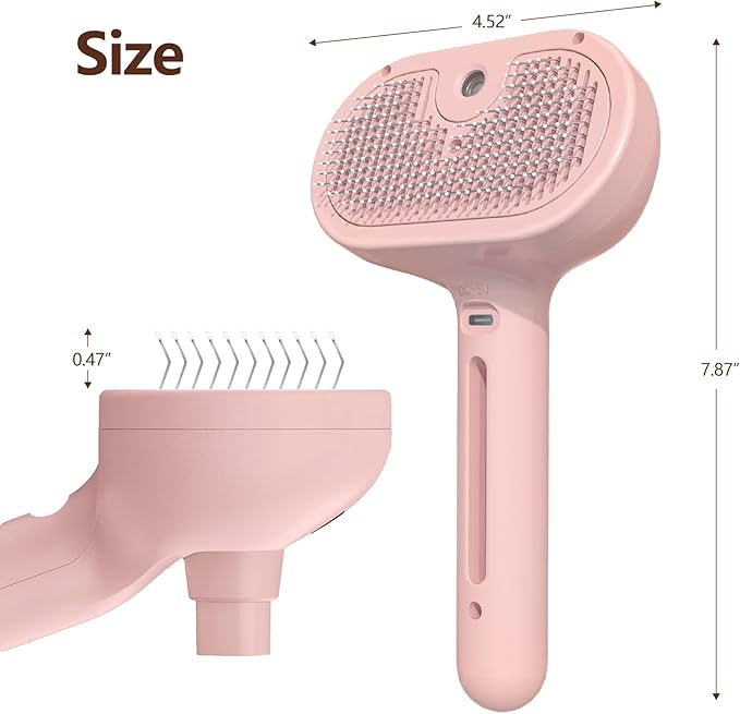 L&amp;W BROS. Steam Grooming Brush for Shedding and Detangling – Self-Cleaning Steamy Pet Brush with Mist Spray for Long-Haired Cats and Small Dogs (Pink)