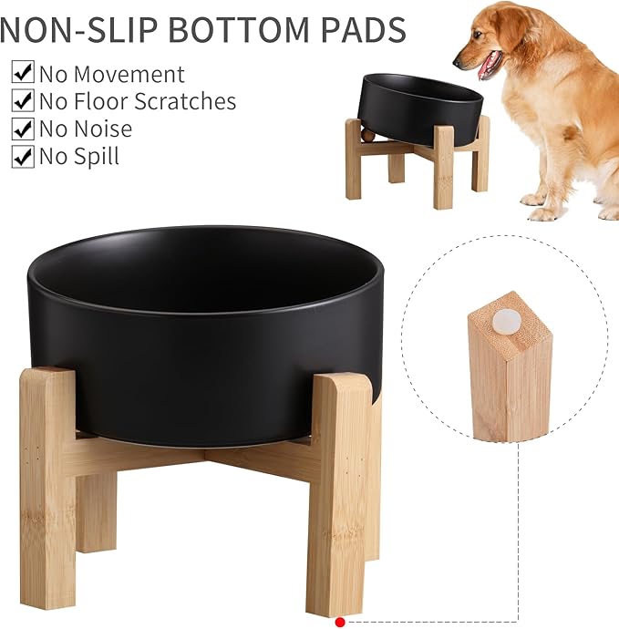 Black Elevated/Raised 15°Tilted Anti Slip Ceramic Dog Bowl for Medium &amp; Large Breeds,Slanted Bulldog Big Face Pet Feeding Food Water Dish Stand for Dogs (7.6 Cups/60OZ)