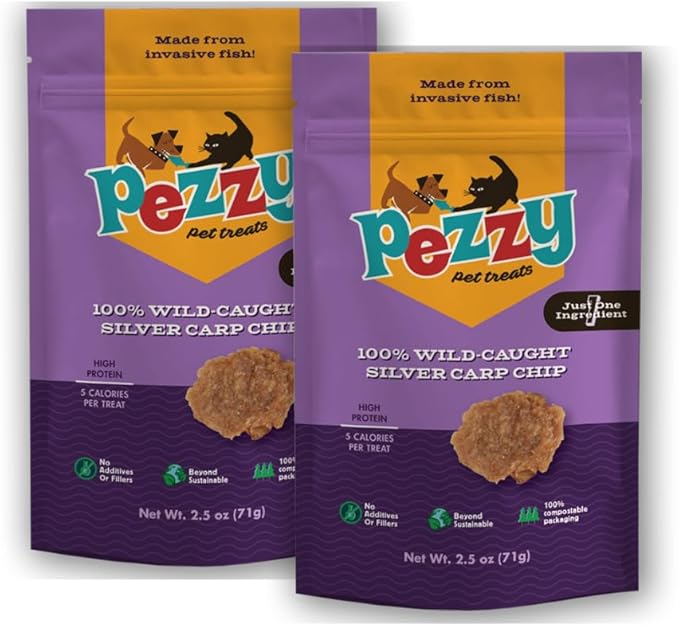 Silver Carp Chips Dog &amp; Cat Treats | Single Ingredient | Wild Caught | Made w/Invasive Fish | Grain Free | High Protein + Low Fat | Hypoallergenic | Made in The USA (2 Pack)