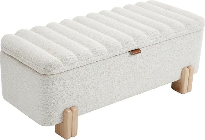 Kmax 45" Storage Bench Faux Fur Entryway Bench Upholstered Ottoman Bench with Wavy Top &amp; Safty Hinge for Bedroom Living Room Hallway, White