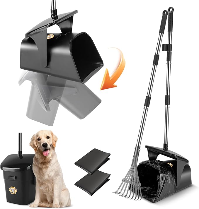 Pooper Scooper for Large Dogs Heavy Duty Swivel Bin &amp; Rake with 20 Waste Bag for Large Medium Small Dogs, Easy to Clean Pet Waste Use on Grass, Dirt, Gravel or Flats