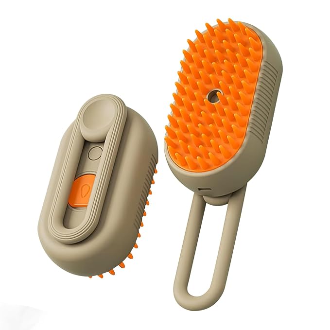 Rechargeable Steam Pet Brush – Grooming &amp; Deshedding Tool With Adjustable Handle | Cordless &amp; Quiet (Brown)