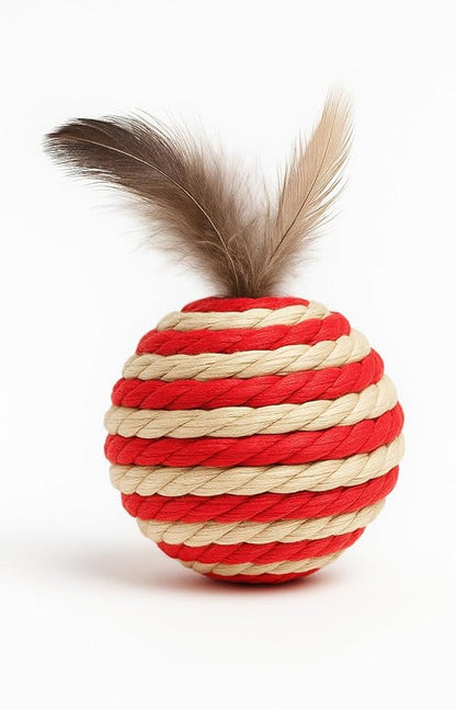 Ball for cat with Feathers - Balls for Cats – Natural Toy for Indoor Cats – Eco-Friendly, Durable, Interactive Play Balls for Kittens – Pet-Safe Chew &amp; Scratch Toys (Red)