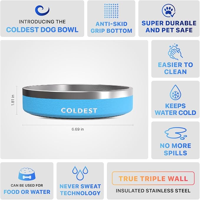 Coldest Dog Bowl - Anti Rust Metal, Non Slip, 3 Layers Insulated Stainless Steel Dog Bowls - Spill Proof &amp; Heavy Duty - Water Bowl for Dogs, Cats &amp; Pets, Dish Washer Safe (21 oz, Celestial Blue)