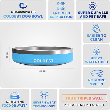 Coldest Dog Bowl - Anti Rust Metal, Non Slip, 3 Layers Insulated Stainless Steel Dog Bowls - Spill Proof &amp; Heavy Duty - Water Bowl for Dogs, Cats &amp; Pets, Dish Washer Safe (21 oz, Celestial Blue)