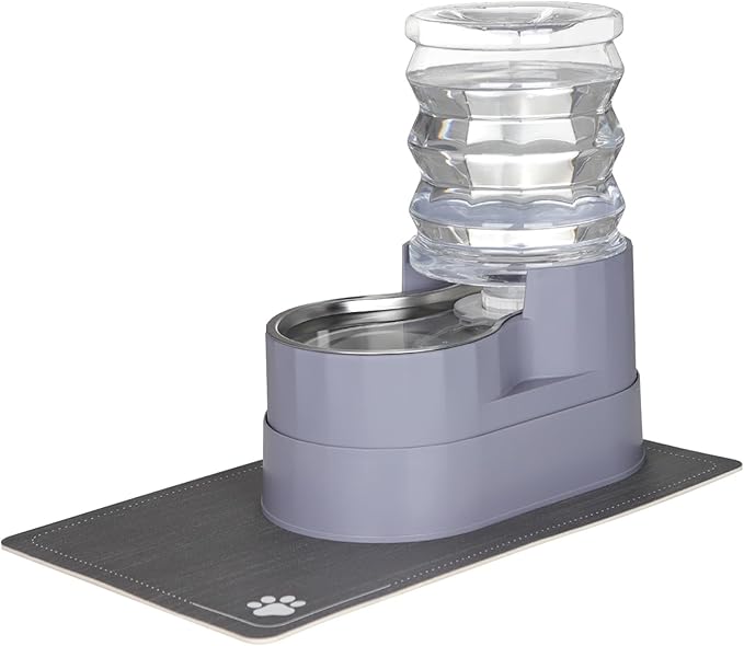 Sfozstra Automatic Gravity Water Dispenser: 5L Gray Stainless Steel Pet Bowl Waterer with Waterproof Pad - Raised Edge Water Feeder for Cats &amp; Small Dogs Indoor/Outdoor